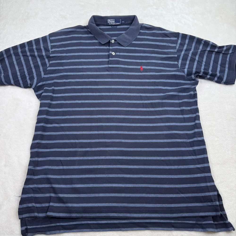 Polo Ralph‎ Lauren Men XL Navy Blue Stripe Short Sleeve Cotton Polo Red Pony